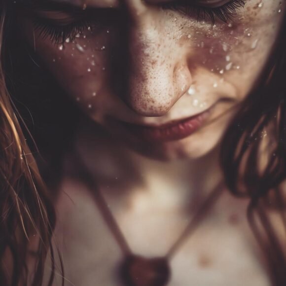 Close-up of a person with freckled skin looking down, with water droplets on their face and hair. They are wearing a necklace with a heart-shaped pendant, highlighting the importance of skin care and stress management in maintaining healthy, radiant skin.
