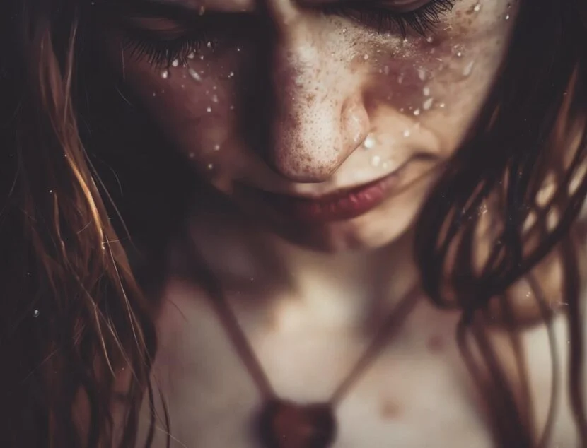Close-up of a person with freckled skin looking down, with water droplets on their face and hair. They are wearing a necklace with a heart-shaped pendant, highlighting the importance of skin care and stress management in maintaining healthy, radiant skin.