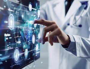 A person in a lab coat interacts with a high-tech screen displaying a digital layout and various data points, suggesting scientific analysis of eczema advancements.