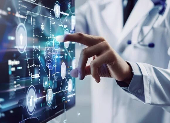 A person in a lab coat interacts with a high-tech screen displaying a digital layout and various data points, suggesting scientific analysis of eczema advancements.