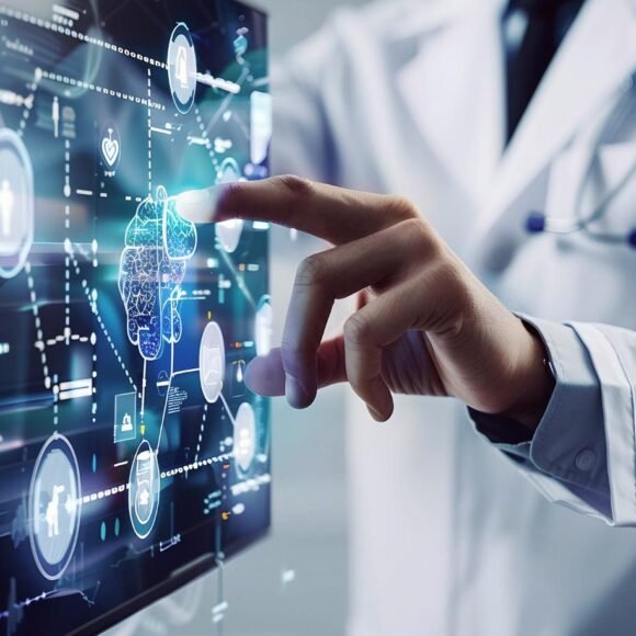 A person in a lab coat interacts with a high-tech screen displaying a digital layout and various data points, suggesting scientific analysis of eczema advancements.