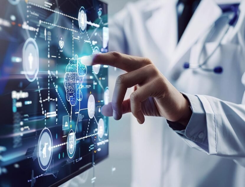 Eczema Symptom Research: Key Discoveries in the Last Five Years A person in a lab coat interacts with a high-tech screen displaying a digital layout and various data points, suggesting scientific analysis of eczema advancements.