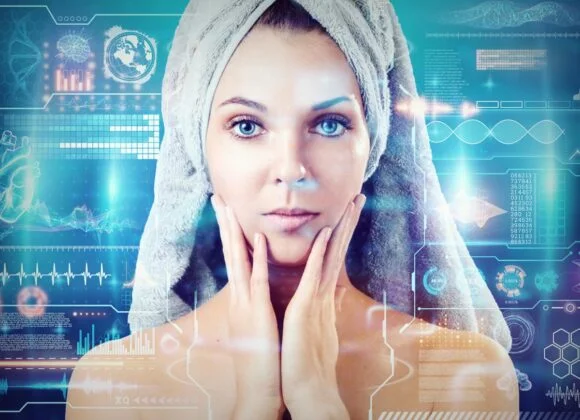 A woman with a towel wrapped on her head touches her face, behind her are futuristic digital data and graphics.