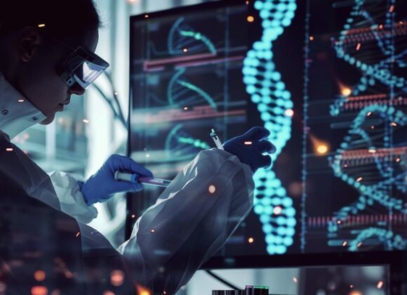 How Genetic Research Is Shaping Our Understanding of Eczema Symptoms A scientist in protective gear studies DNA sequences displayed on a computer screen, surrounded by laboratory equipment.