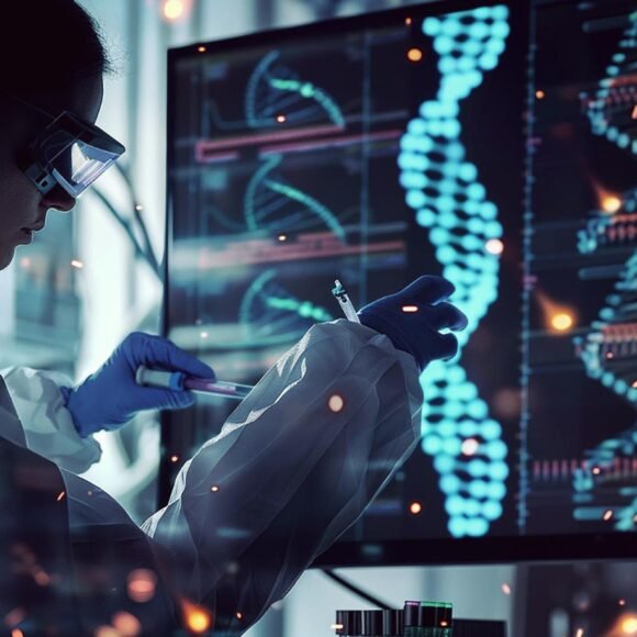 A scientist in protective gear studies DNA sequences displayed on a computer screen, surrounded by laboratory equipment.