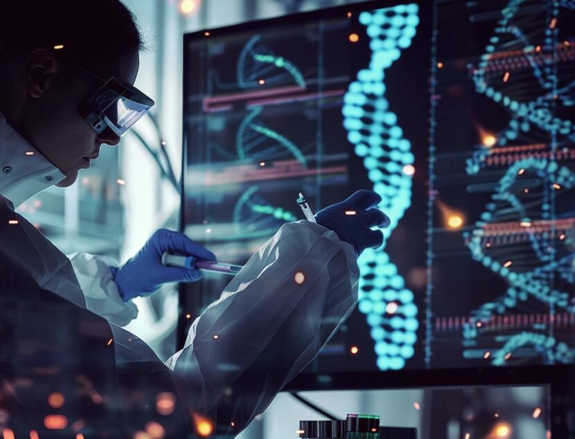 A scientist in protective gear studies DNA sequences displayed on a computer screen, surrounded by laboratory equipment.