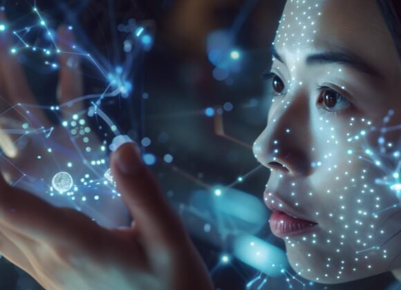 Innovations in Skincare for Eczema Relief: What’s New? A woman with a facial projection looks closely at her hands, surrounded by a digital network of interconnected blue lights and circuits, suggesting futuristic technology and virtual interfaces.