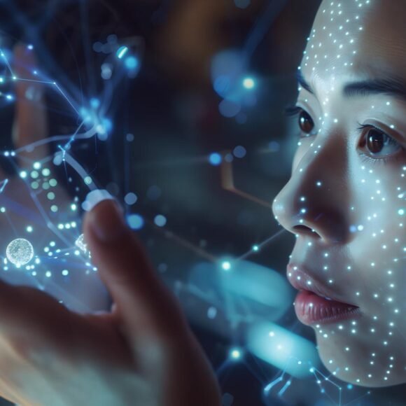 A woman with a facial projection looks closely at her hands, surrounded by a digital network of interconnected blue lights and circuits, suggesting futuristic technology and virtual interfaces.