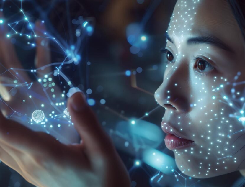 Innovations in Skincare for Eczema Relief: What’s New? A woman with a facial projection looks closely at her hands, surrounded by a digital network of interconnected blue lights and circuits, suggesting futuristic technology and virtual interfaces.