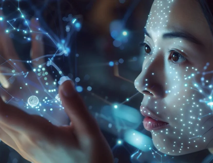 A woman with a facial projection looks closely at her hands, surrounded by a digital network of interconnected blue lights and circuits, suggesting futuristic technology and virtual interfaces.