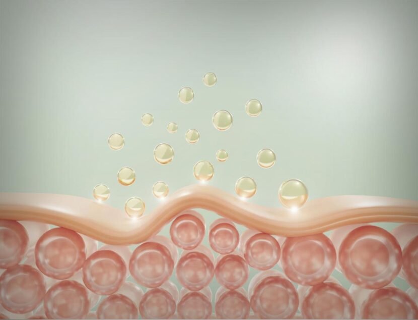 Illustration of skin layers showing spherical molecules penetrating the surface, representing the absorption process in skin-care treatments.