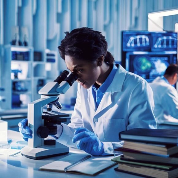 A scientist in a lab coat looks through a microscope while taking notes. Another scientist is working in the background, with laboratory equipment and computer monitors visible.