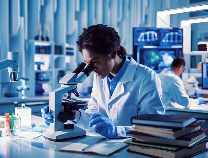 Groundbreaking Findings on the Root Causes of Eczema Symptoms A scientist in a lab coat looks through a microscope while taking notes. Another scientist is working in the background, with laboratory equipment and computer monitors visible.