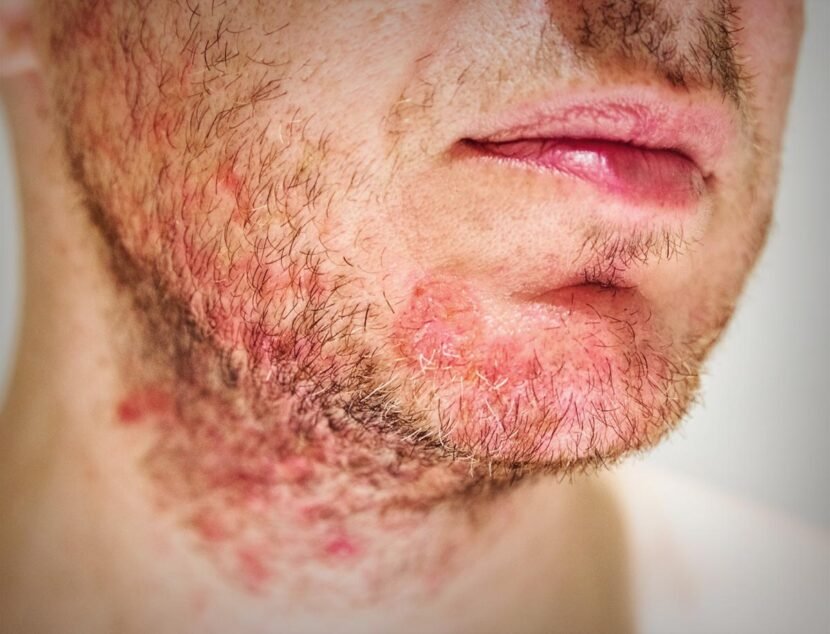 Seborrheic Dermatitis vs Eczema: How Their Symptoms Compare Close-up of a person's lower face and neck showing red, irritated skin with patches of inflamed hair follicles, commonly associated with a rash or skin condition.