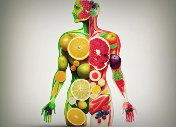 Illustration of a human figure composed of various fruits and vegetables, with a green half including items like kiwi and a red half featuring items like grapefruit and berries.