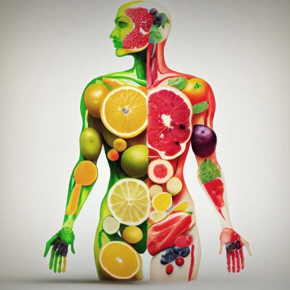 Illustration of a human figure composed of various fruits and vegetables, with a green half including items like kiwi and a red half featuring items like grapefruit and berries.