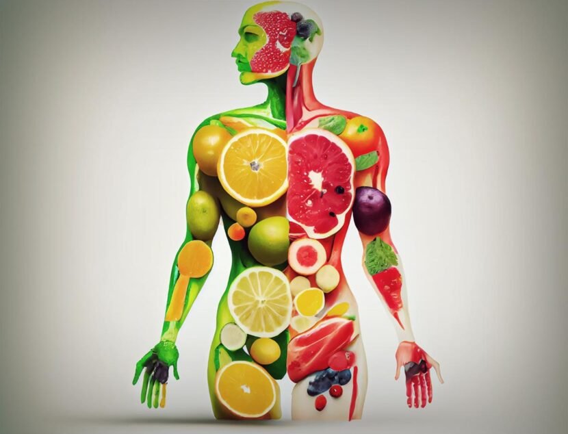 Understanding the Role of the Immune System in Eczema Symptoms Illustration of a human figure composed of various fruits and vegetables, with a green half including items like kiwi and a red half featuring items like grapefruit and berries.