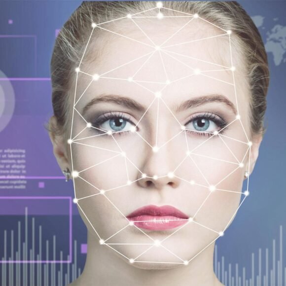 A woman's face is overlaid with a digital grid and geometric lines, indicating facial recognition technology. Background includes graphs and abstract data visuals.