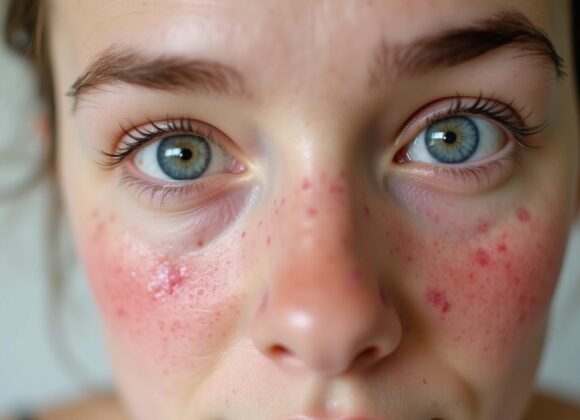 Eczema Around the Eyes: Managing Symptoms Safely A close-up reveals blue eyes and red, inflamed skin on the cheeks and nose, possibly indicating eczema.