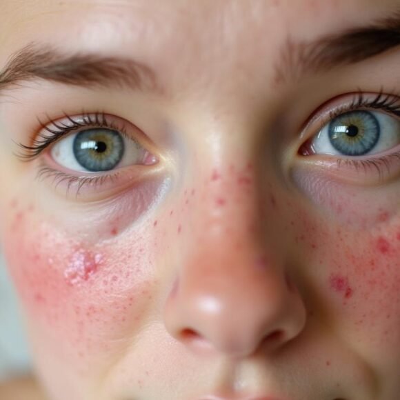 A close-up reveals blue eyes and red, inflamed skin on the cheeks and nose, possibly indicating eczema.