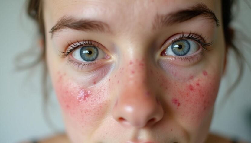 Eczema Around the Eyes: Managing Symptoms Safely A close-up reveals blue eyes and red, inflamed skin on the cheeks and nose, possibly indicating eczema.