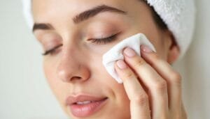 A person with closed eyes uses a cotton pad on their cheek. They have a towel wrapped around their head.