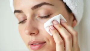 A person with closed eyes uses a cotton pad on their cheek. They have a towel wrapped around their head.